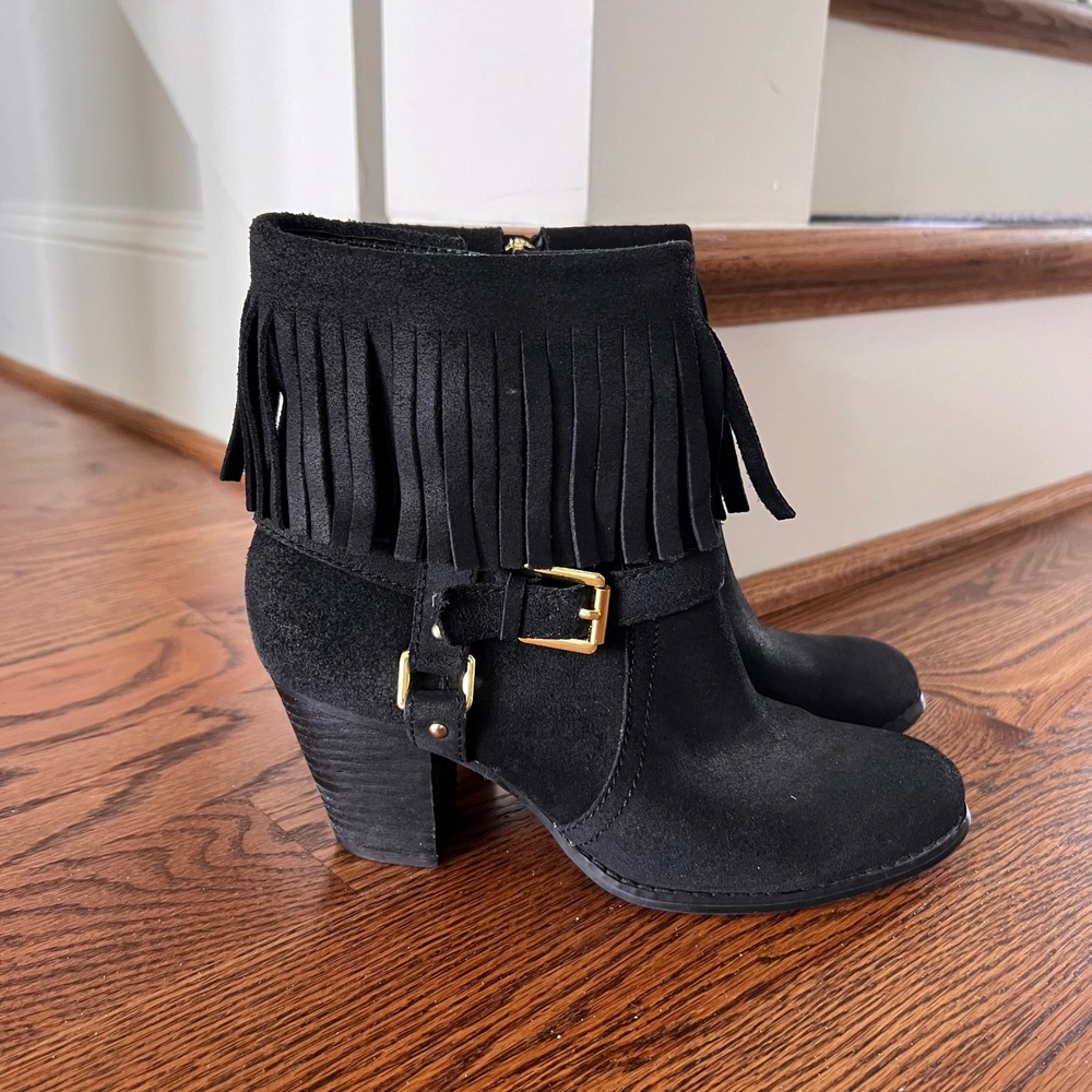 LRL Ralph Lauren Mara Black Suede Fringe Ankle Boots Gold Buckle‎ 7.5B 11739 G14